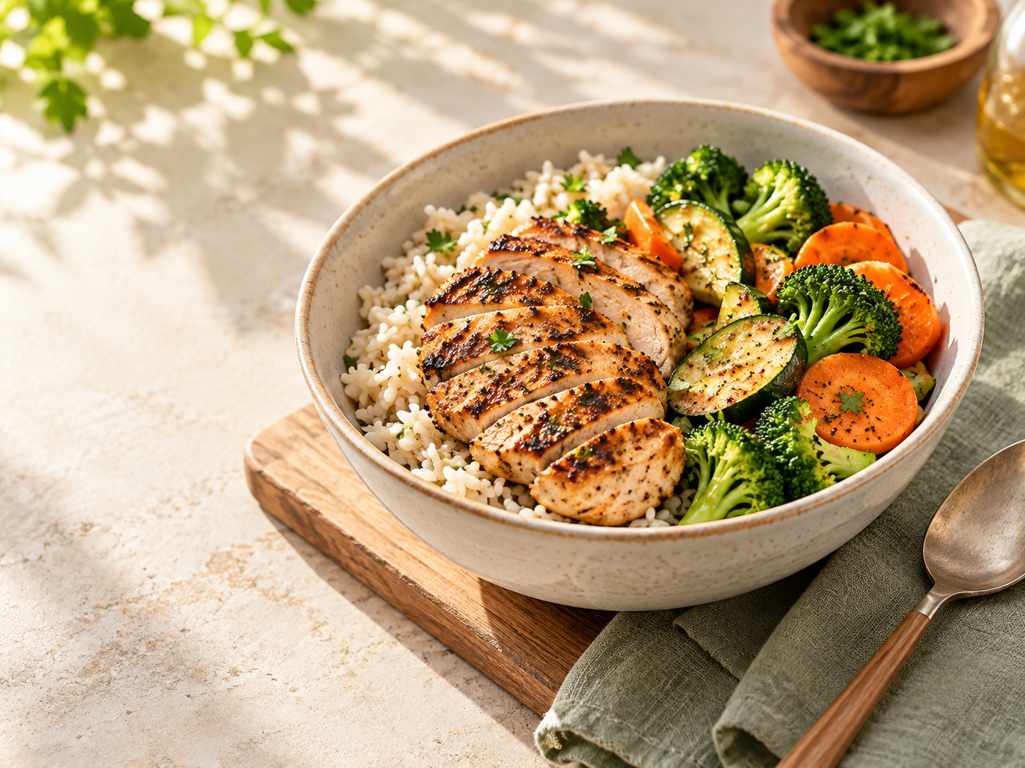 Plato sencillo de pollo, arroz y vegetales