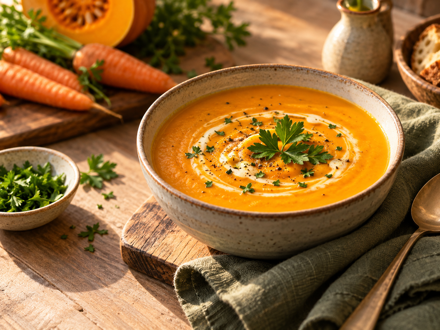 Crema de verduras servida en un tazón de cerámica